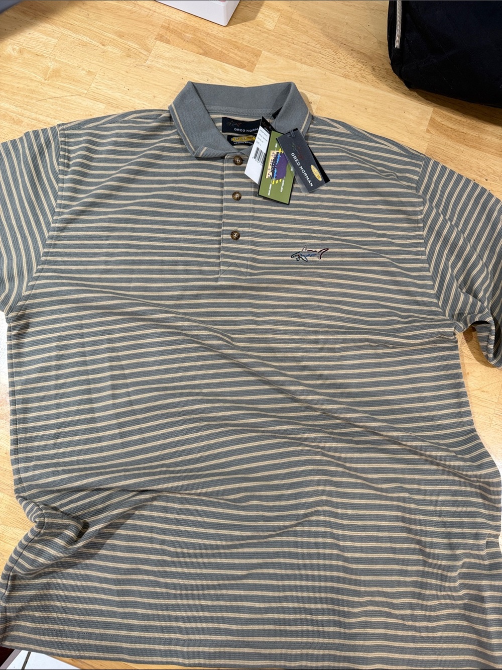 Greg Norman Collection Gray and Beige Striped Polo